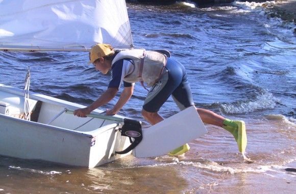 Dotan Rudder is installed on  Optimist before launching 